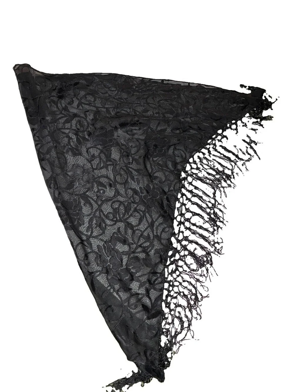 black lace Floral triangle Wrap Shawl Headpiece Accessory With Fringe